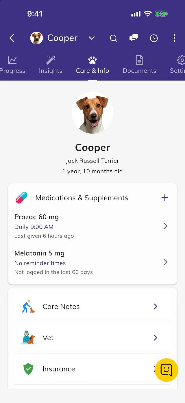 Medications, vet and care notes
